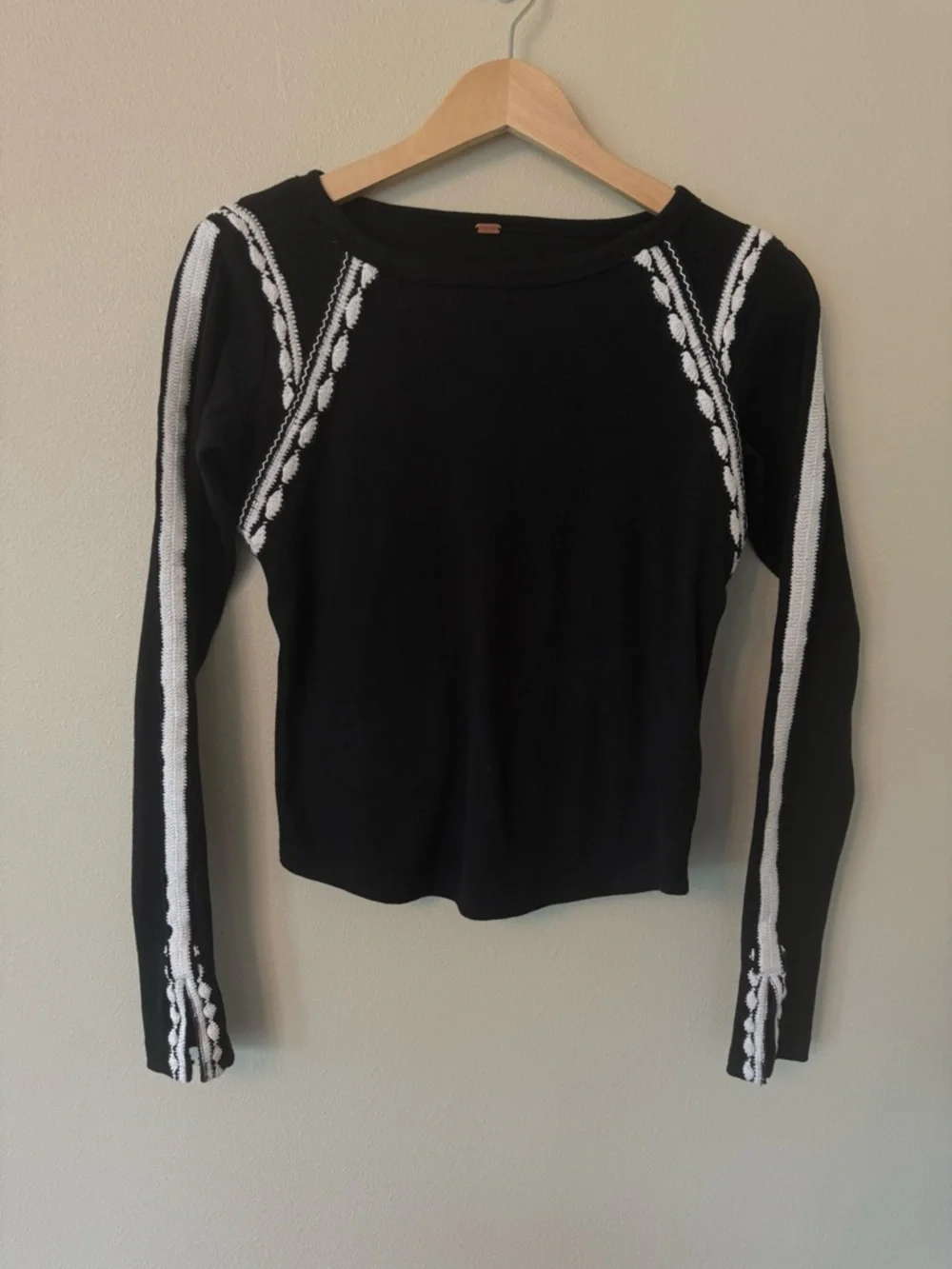 Free People Lost Love Top Black Combo Ribbed Cotton Lace Trim Small